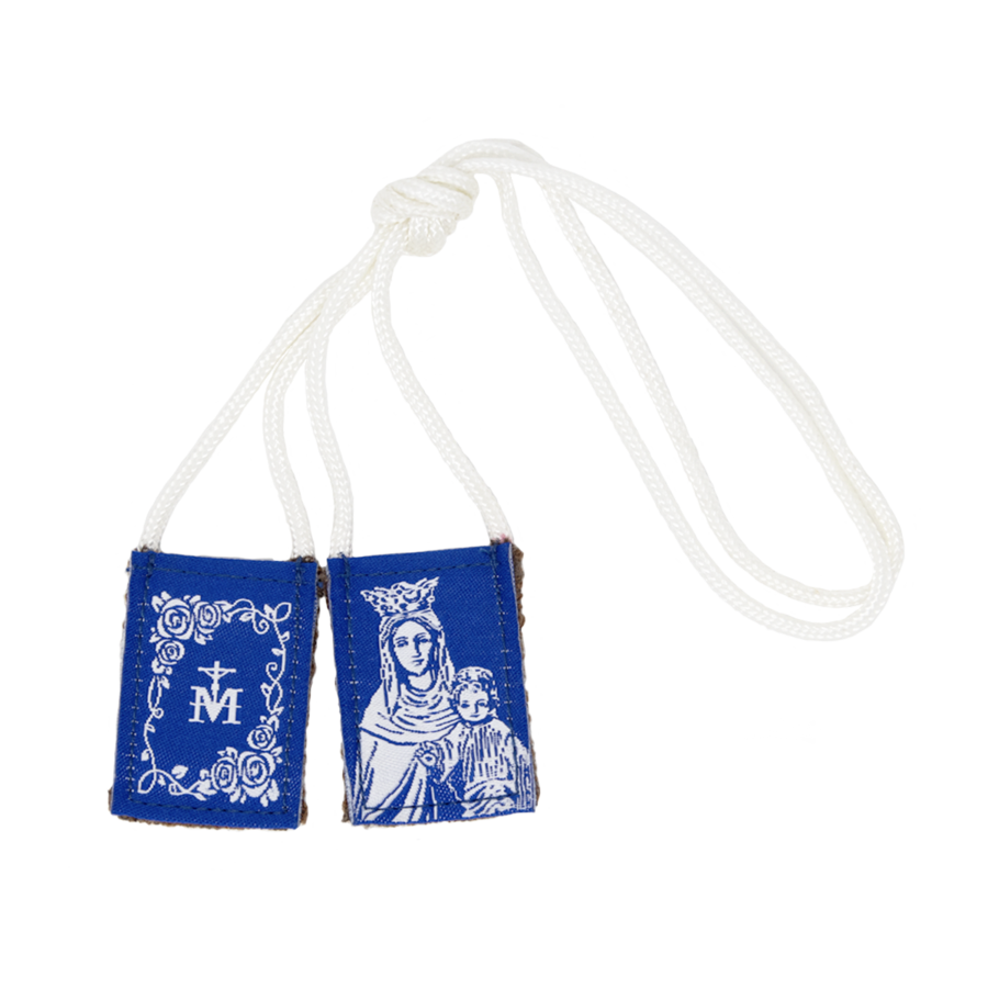 Premium Brown Scapular, Blue & White Rose 17" Cord - Unique Catholic Gifts