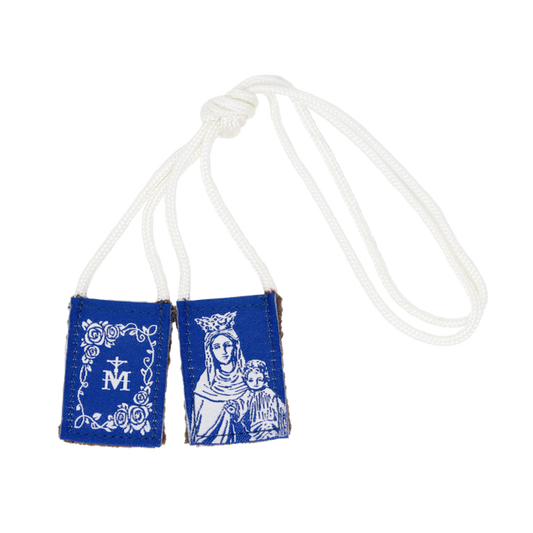 Premium Brown Scapular, Blue & White Rose 17" Cord - Unique Catholic Gifts