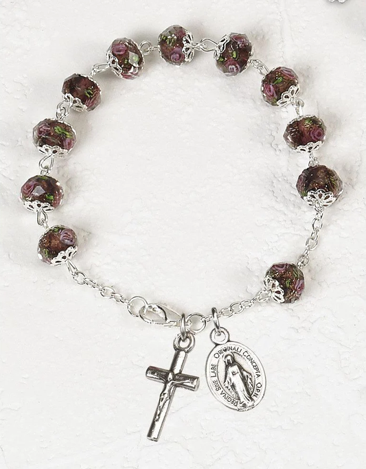 Purple Crystal Bracelet with Pink Rose Painted Beads - Unique Catholic Gifts