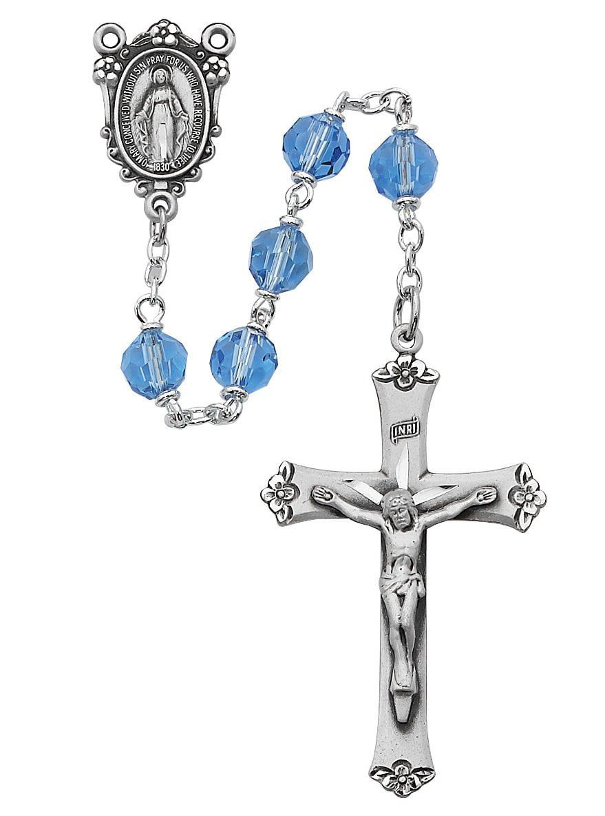 Sterling Silver Blue Crystal Tin cut Rosary (7mm) - Unique Catholic Gifts