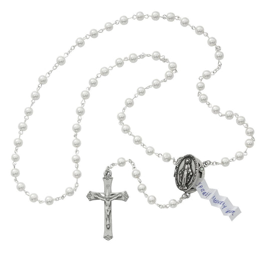 Prayer Petition Locket Rosary with Pearl Beads (6 mm) - Unique Catholic Gifts