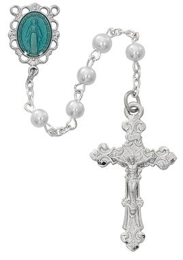 Pearl Rosary (5 mm) with Rhodium and Blue Enamel Miraculous Medal Center - Unique Catholic Gifts