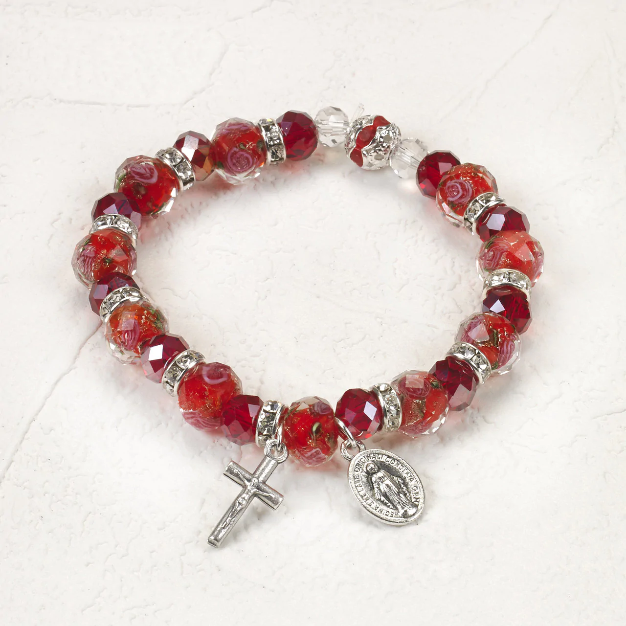 Red Crystal Stretch Bracelet with Pink Rose Painted Beads - Unique Catholic Gifts