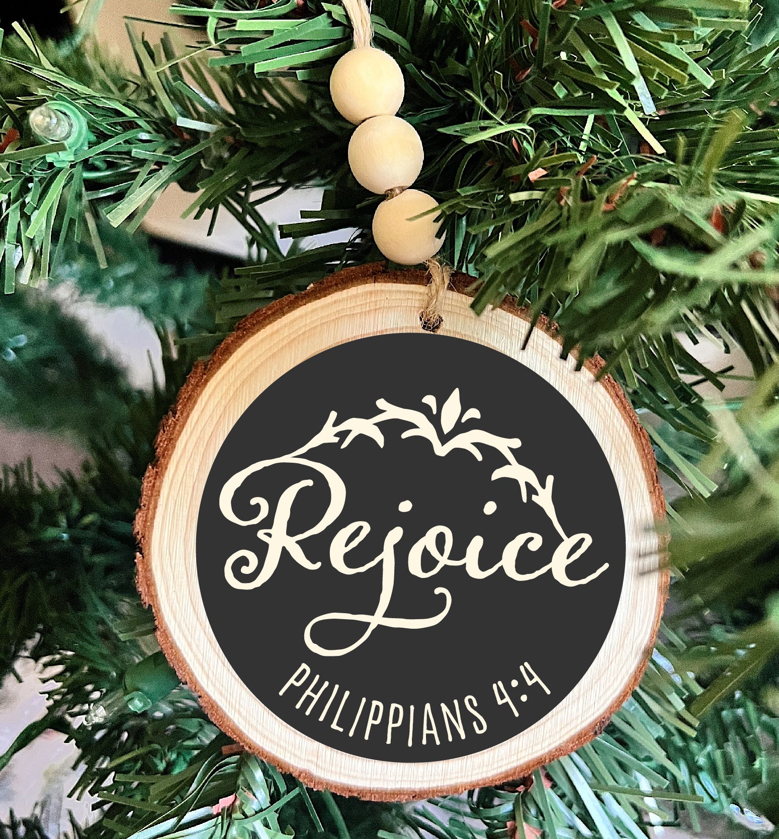 Rejoice Scripture Wooden Farmhouse Ornament 4" - Unique Catholic Gifts