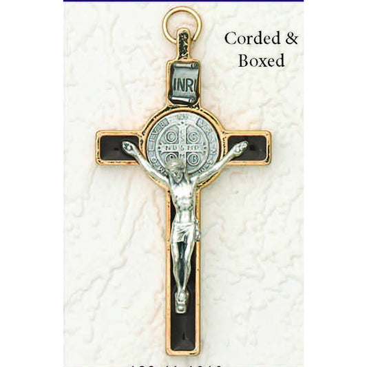 Saint Benedict Silver/Gold Tone With Black Enamel Crucifix - Silver Tone Medal 3" - Unique Catholic Gifts