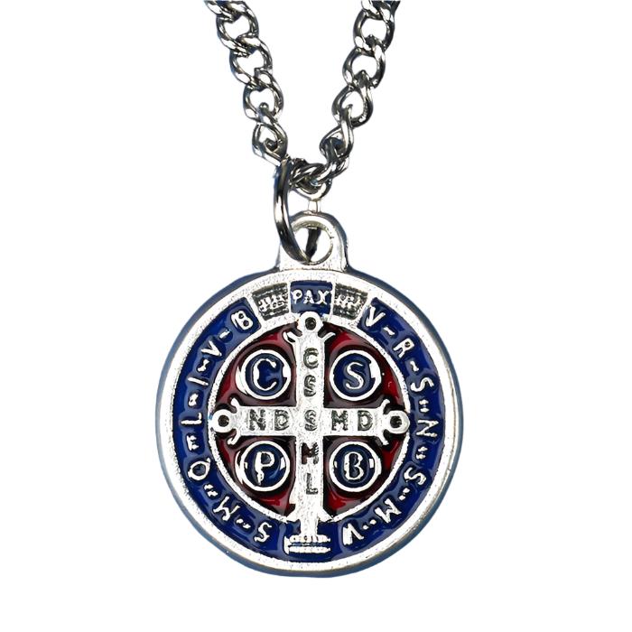 Saint Benedict Silver Tone with Dark Blue/Red Enamel Medal - Unique Catholic Gifts