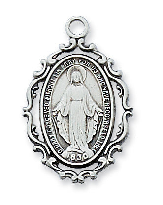 Silver Miraculous Medal 1" with an antique look and chain 18" - Unique Catholic Gifts