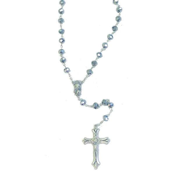 Sparkly Silver Bead Rosary with Silver-tone Center and Crucifix - Unique Catholic Gifts