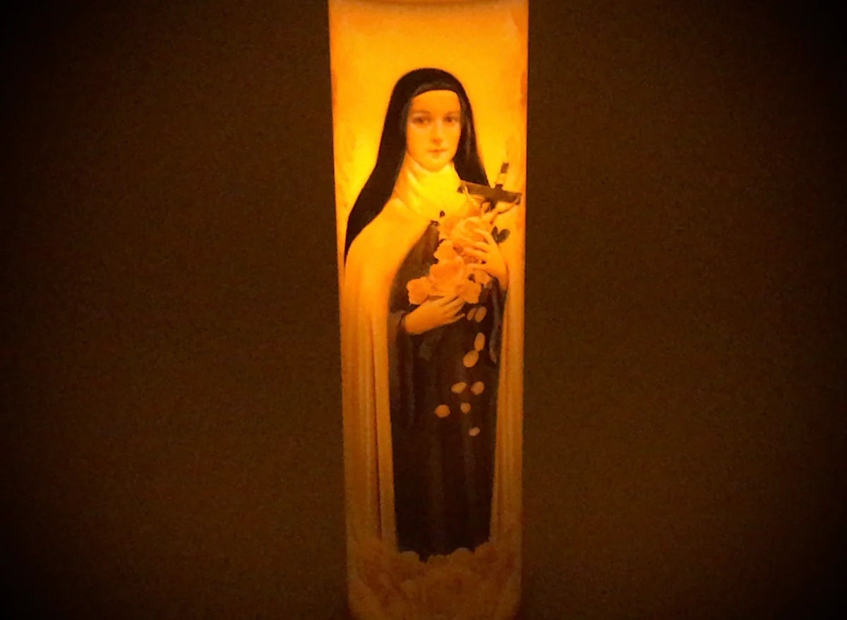 Saint Therese of Lisieux LED Candle with Timer - Unique Catholic Gifts