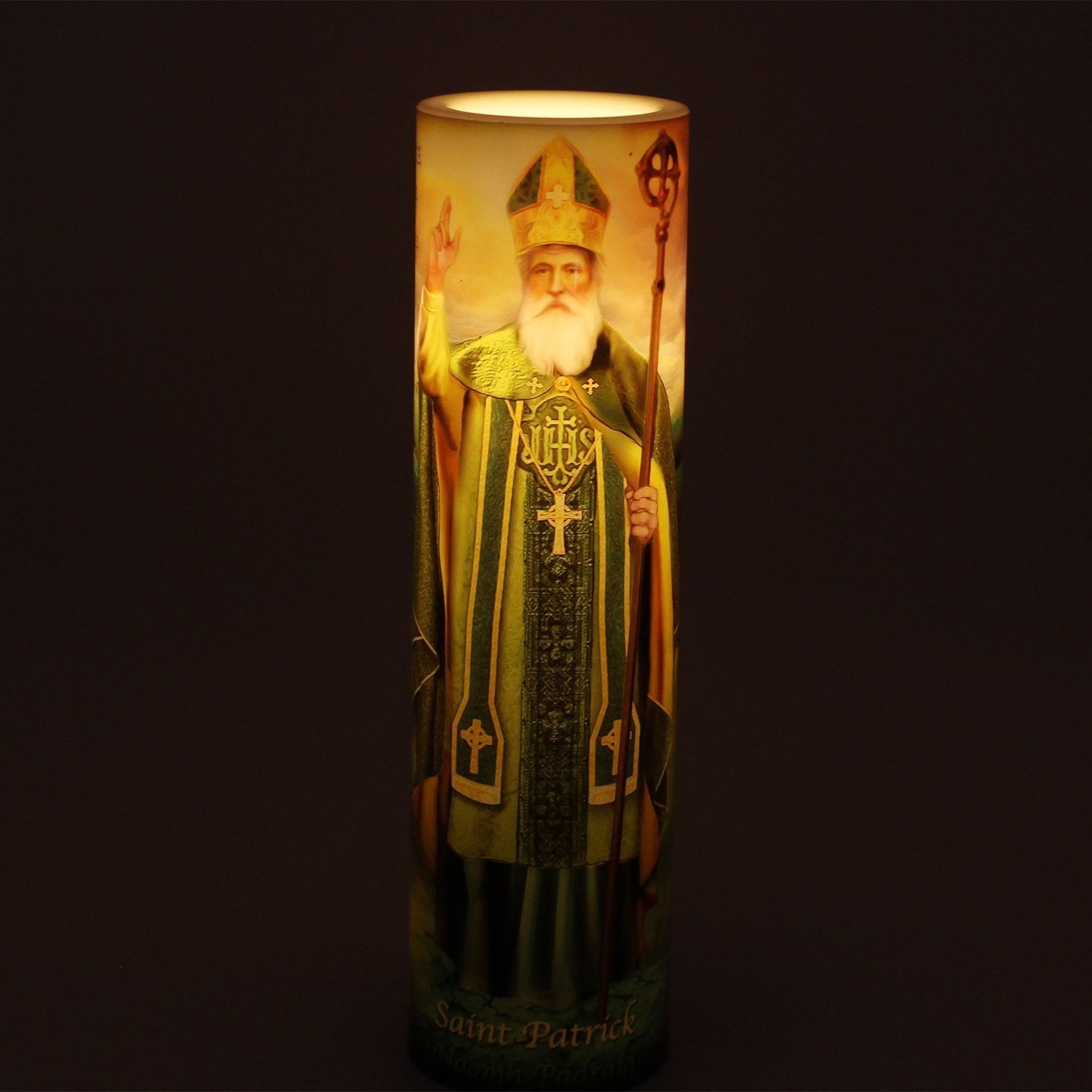 Saint Patrick Patron Saint of Ireland LED Candle with Timer - Unique Catholic Gifts