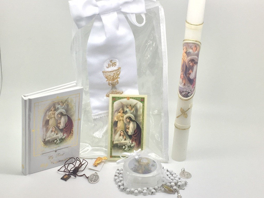 Girls First Communion Gift Set:Arm Band,Golden Candle and 7 other items - Unique Catholic Gifts