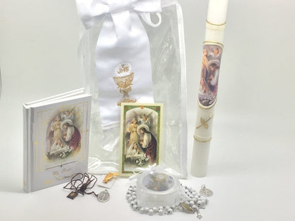 Girls First Communion Gift Set:Arm Band,Golden Candle and 7 other items - Unique Catholic Gifts