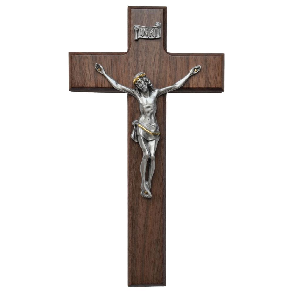 Walnut Wall Crucifix with 2-Tone Corpus 10" - Unique Catholic Gifts