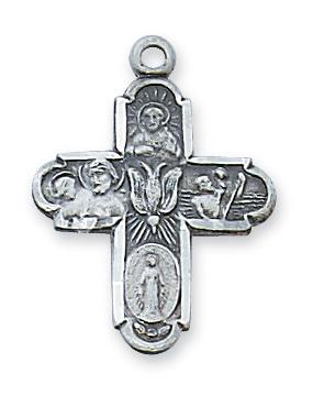 Sterling Silver 4-way Medal / Cross (3/4") on 18" chain - Unique Catholic Gifts