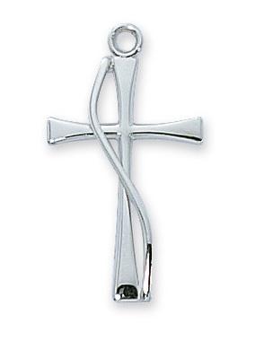 Sterling Silver Cross with Spiral Wire (1") on 28" chain - Unique Catholic Gifts