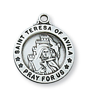 St Teresa of Avila Medal Sterling Silver 5/8" with chain - Unique Catholic Gifts