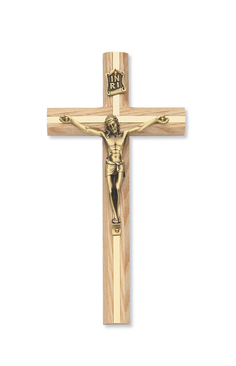 (79-00487) 8" Oak Crucifix W/gold Inlay - Unique Catholic Gifts