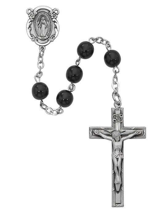 (121l-bkf) Ss 6mm Black Glass Rosary - Unique Catholic Gifts