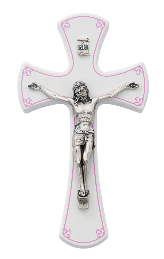 (79-67) 7" White/silver Crucifix/pink - Unique Catholic Gifts