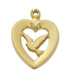 Gold Over Sterling Silver Heart with Dove (1/2") on 18" Gold plated chain - Unique Catholic Gifts