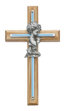 (73-06) 7" Oak Sil/bl Ol Pray Boy - Unique Catholic Gifts