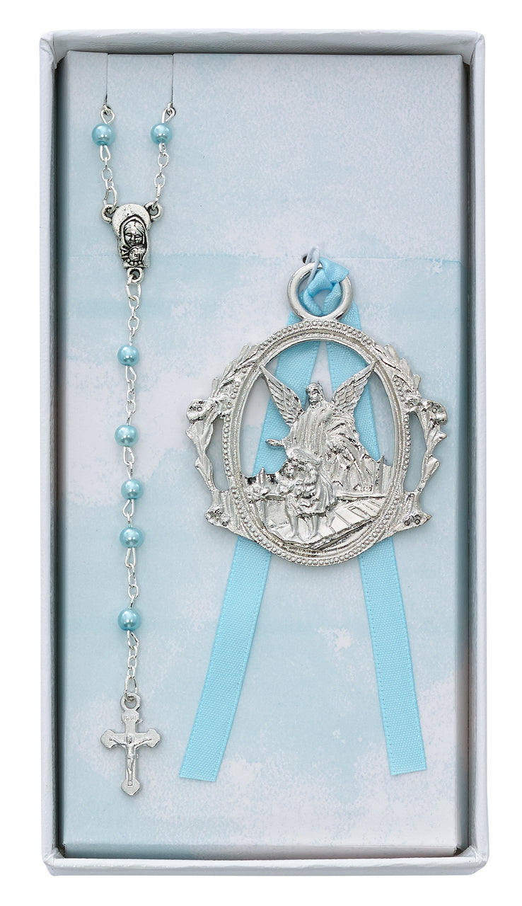 (Bs16) Blue Rosary & Crib Medal - Unique Catholic Gifts