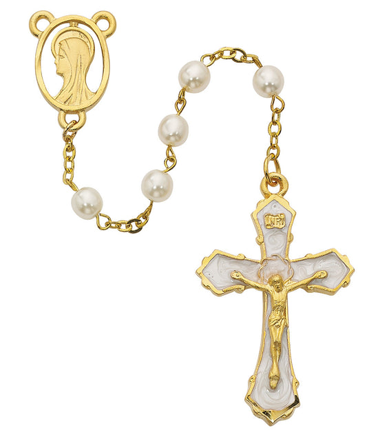 (R278hf) 6mm Gold Plate Pearl Rosary - Unique Catholic Gifts