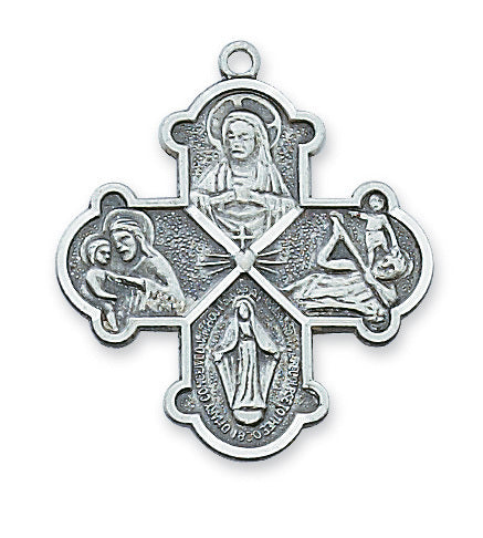 (LC4) Sterling Silver  4-way Medal 24 Chain and Box - Unique Catholic Gifts