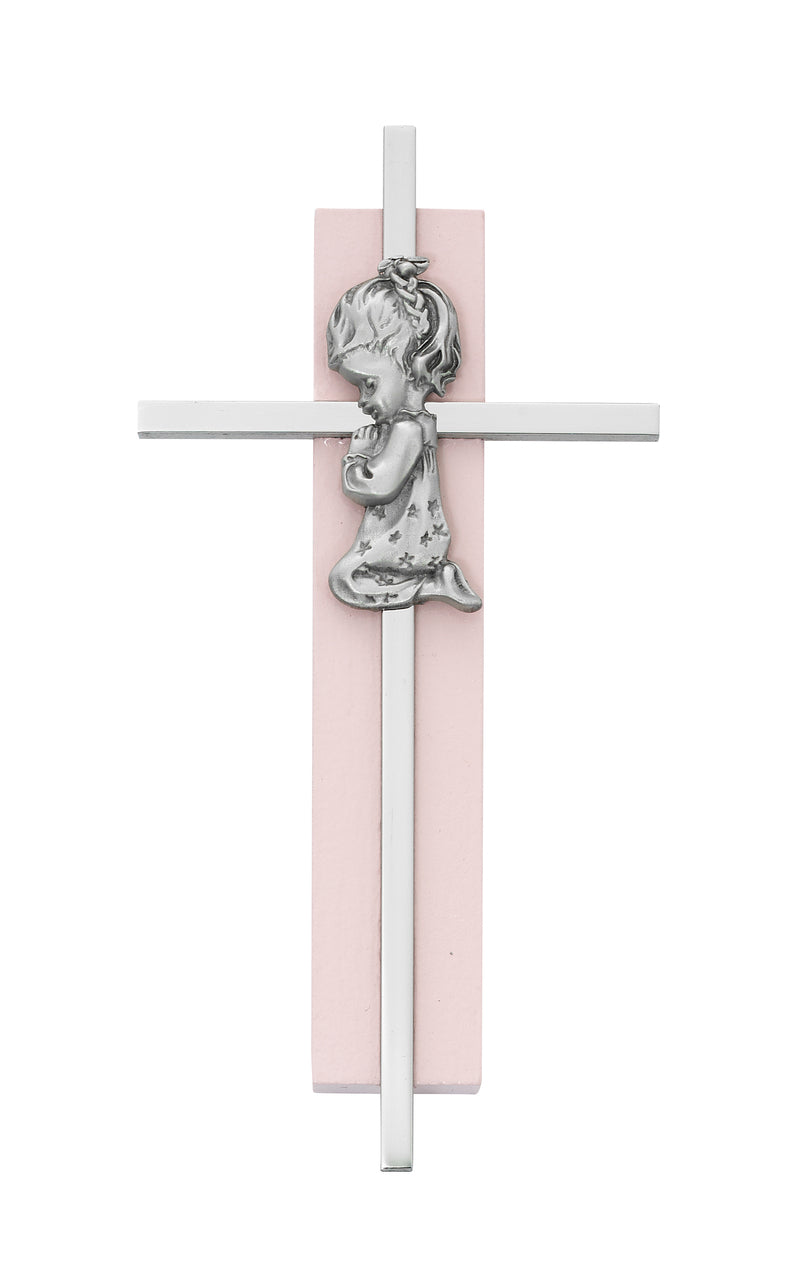 (73-59) 6" Silver Cross on Pink Wood - Unique Catholic Gifts