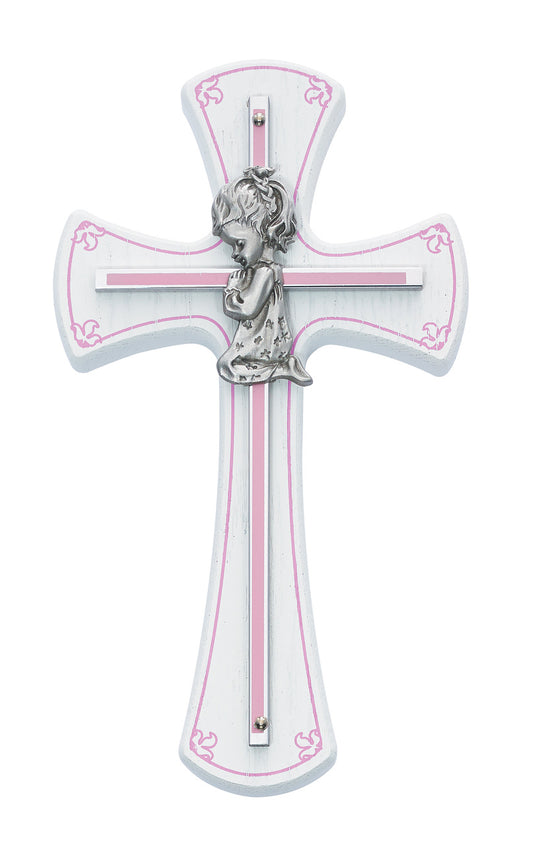 (73-11) 7" Girl Cross on White Wood - Unique Catholic Gifts