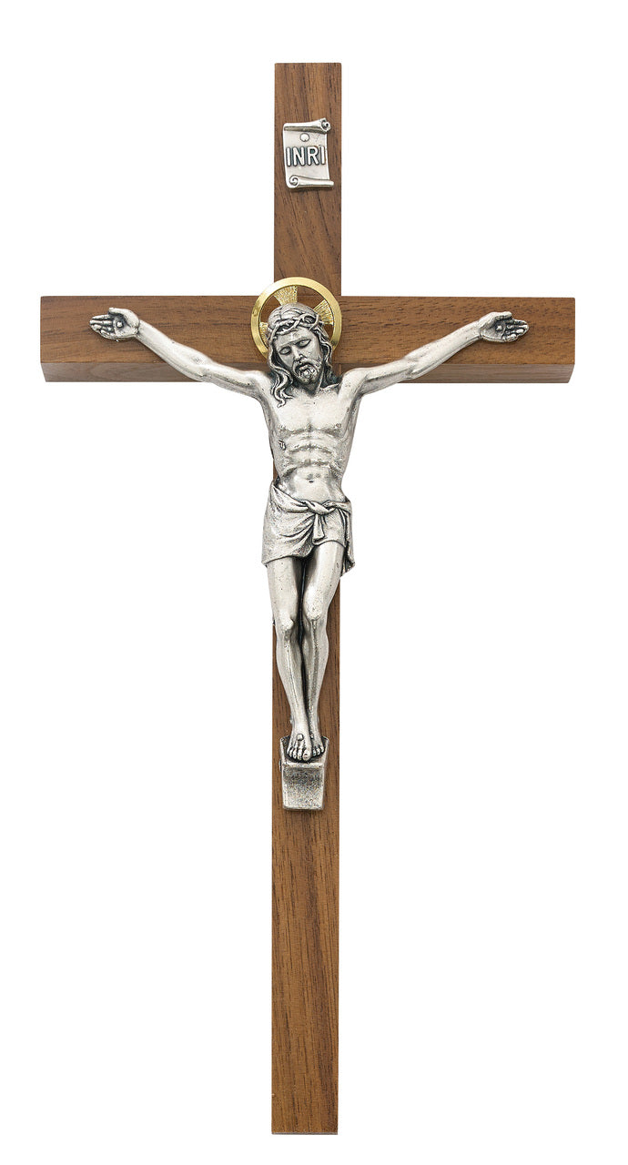 (79-42625) 8" Walnut Crucifix W/halo - Unique Catholic Gifts