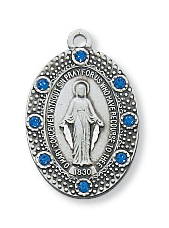 Sterling Silver Miraculous Medal with Blue Stones (1") 0n 18" chain - Unique Catholic Gifts