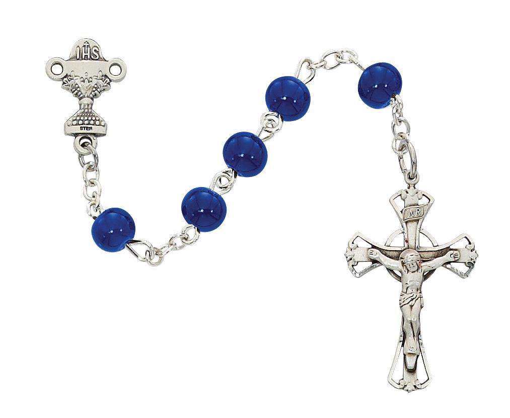 Blue Glass First Communion Rosary (6mm) - Unique Catholic Gifts