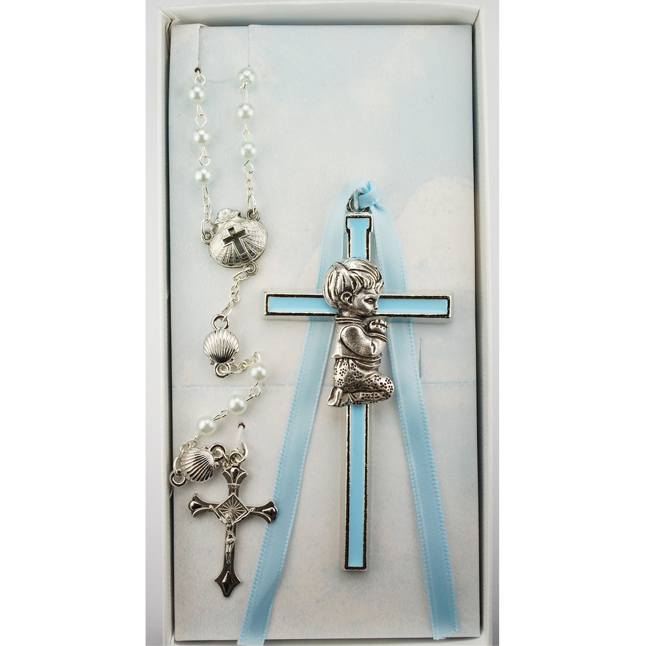 (Bs52) Blue Boy Cross & Shell Rosary - Unique Catholic Gifts