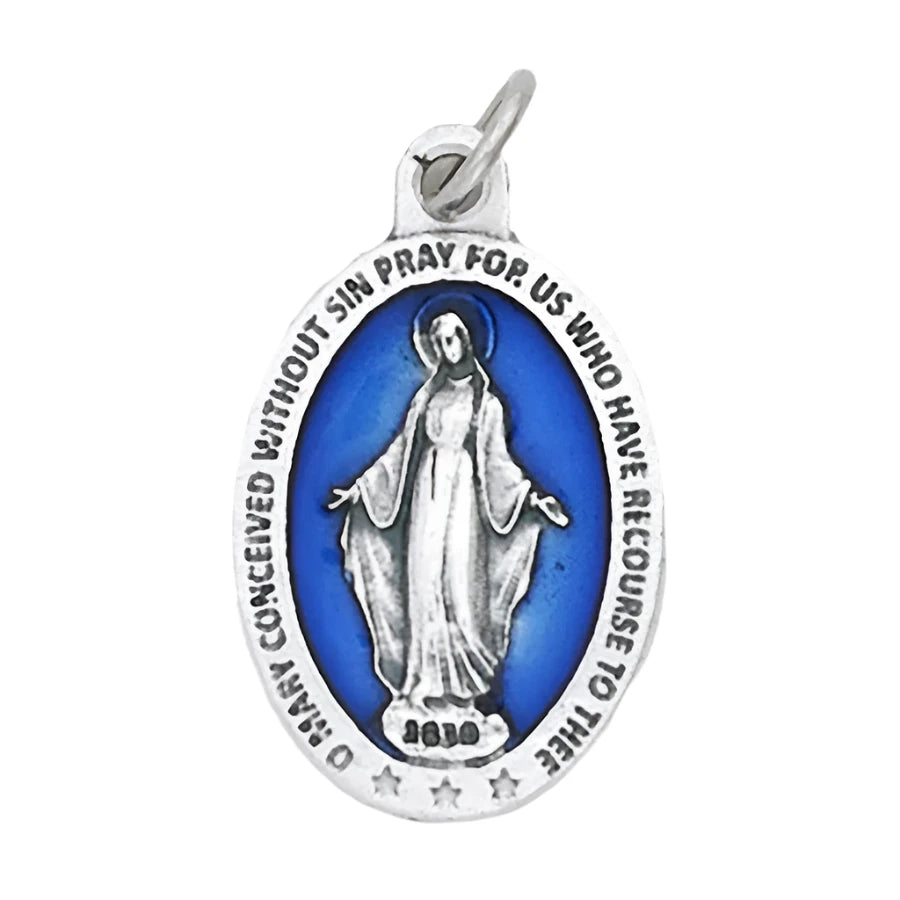 Miraculous Medal Double Silver Tone With Blue Enamel 1" - Unique Catholic Gifts