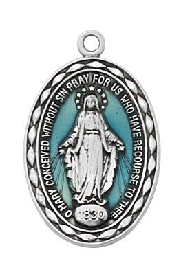 Sterling Silver and Blue Epoxy Miraculous Medal  (7/ 8" X 1/2") - Unique Catholic Gifts