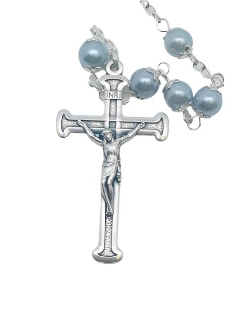 Powder Blue Pearl Bead Miraculous Medal Rosary (21") - Unique Catholic Gifts