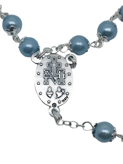 Powder Blue Pearl Bead Miraculous Medal Rosary (21") - Unique Catholic Gifts