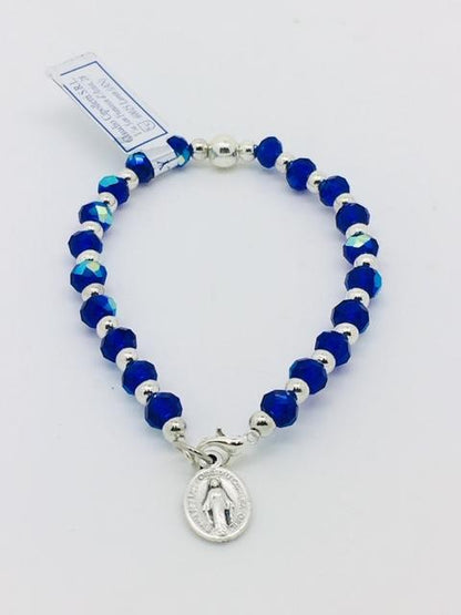 Blue and Silver Bead Rosary Bracelet with Miraculous Medal - Unique Catholic Gifts