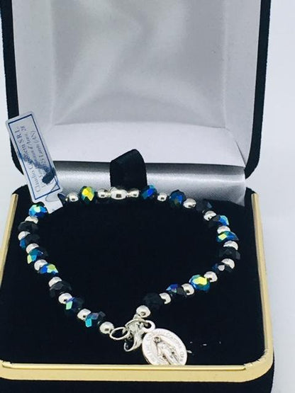 Aurora Borealis and Silver Bead Rosary Bracelet with Miraculous Medal - Unique Catholic Gifts