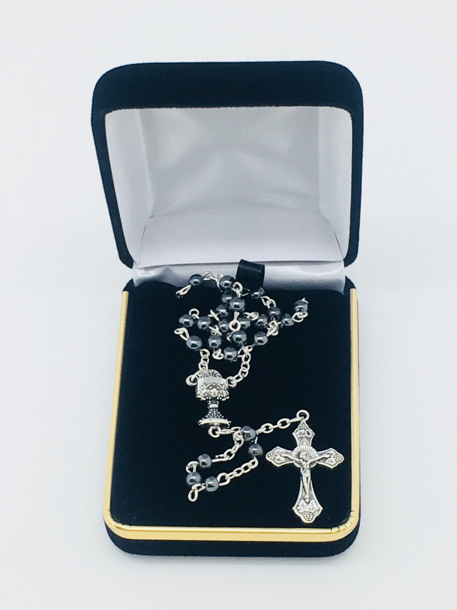 Hematite Rosary with First Communion Chalice (5mm) - Unique Catholic Gifts