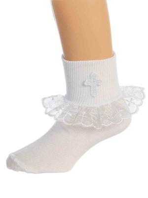 Girl's Baptismal Socks with Lace Trim and Cross (Size 0-0) - Unique Catholic Gifts