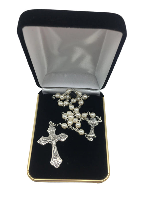 First Communion Pearl Rosary with Chalice Center Piece (5MM) - Unique Catholic Gifts