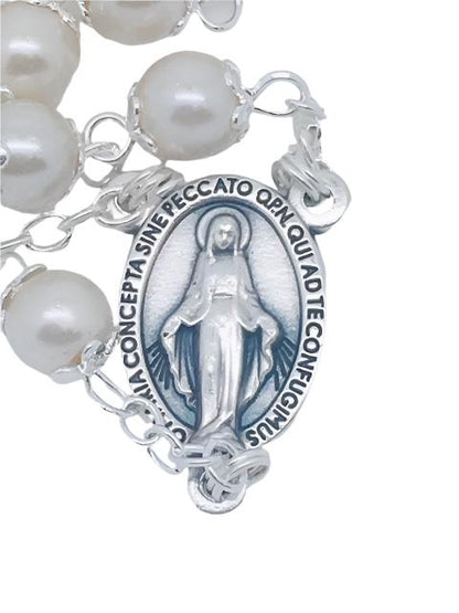 White Pearl Bead Miraculous Medal Rosary (21") - Unique Catholic Gifts