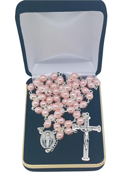 Pink Pearl Bead Miraculous Medal Rosary (21") - Unique Catholic Gifts