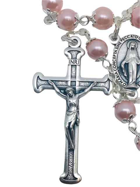 Pink Pearl Bead Miraculous Medal Rosary (21") - Unique Catholic Gifts