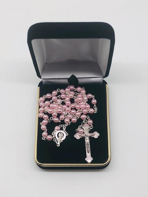 Pink Pearl Rosary with Enamel Crucifix (5MM) - Unique Catholic Gifts