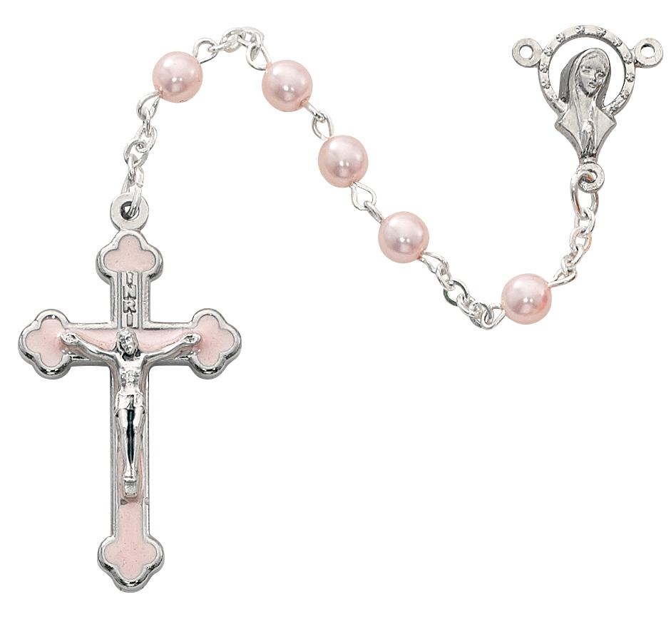 Pink Pearl Rosary with Enamel Crucifix (5MM) - Unique Catholic Gifts