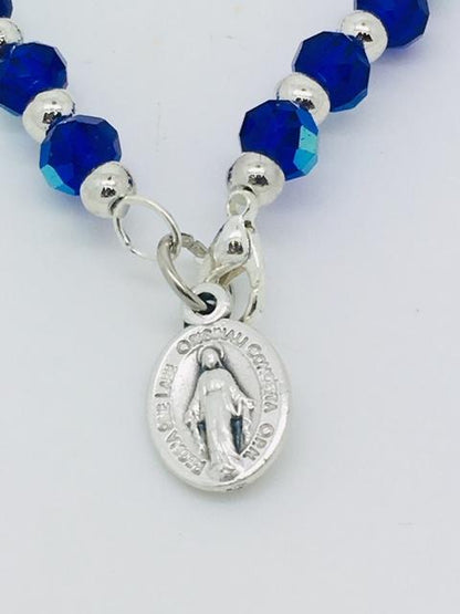 Blue and Silver Bead Rosary Bracelet with Miraculous Medal - Unique Catholic Gifts