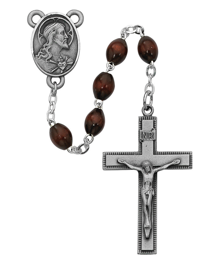 Sacred Heart Sterling Silver Brown Wood Rosary 6mm - Unique Catholic Gifts